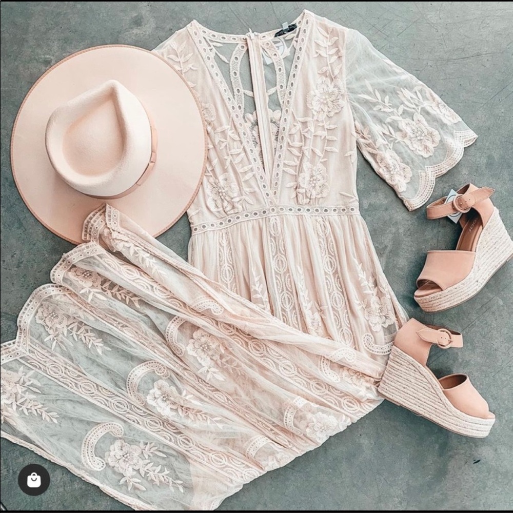 Embroidered Cream Overlay Jumpsuit - L